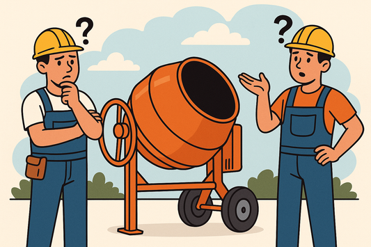 Cartoon image of two builders standing at an orange cement mixer wondering if they put water in first or after the cement?